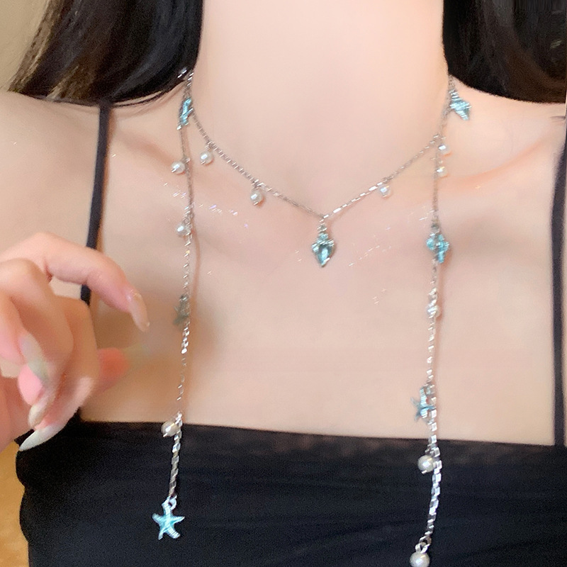 クールなスタイルのシルバーバッグヒトデロングネックレスアクセサリー女性の夏のパーソナライズされた鎖骨チェーンファッションハイエンドネックレス|undefined