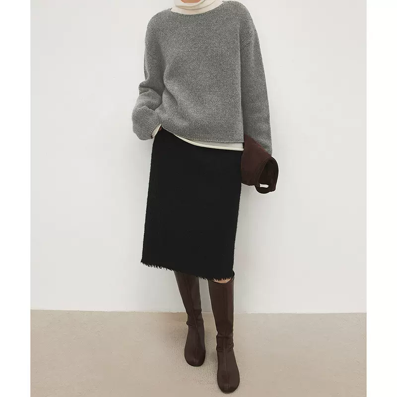 现货CHIC意大利奢牌水波纹皮草感高含毛呢自然毛边极简中裙