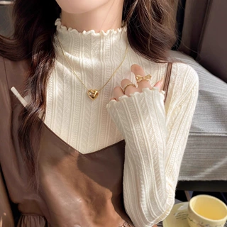 2025新款秋冬高级感内搭修身打底衫女半高领毛衣木耳边针织衫上衣