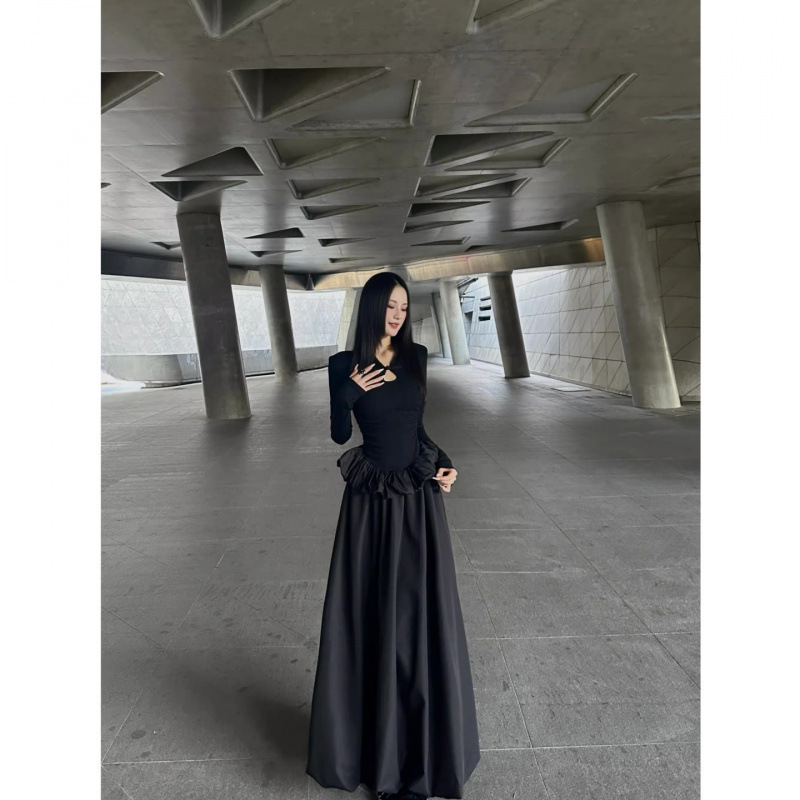 Black New Chinese Style Cheongsam Long-Sleeved Dress for Women Early Autum High-End Elegant Waist Birthday Dress Long Skirt