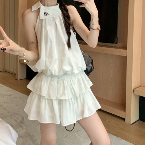 Lady's Slip String Neckless Sleeveless Bralette Two-Piece Set with White Cake Semi-Skirt 2025 Summer New Arrival