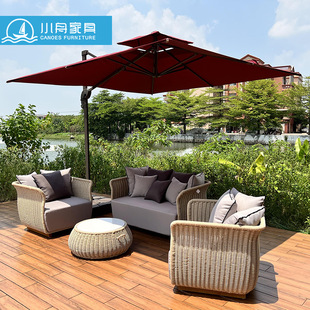 Outdoor Rattan Sofa Courtyard Garden Hotel Outdoor Furniture Combination Waterproof Sun Protection Leisure High-End Solid Wood Sofa