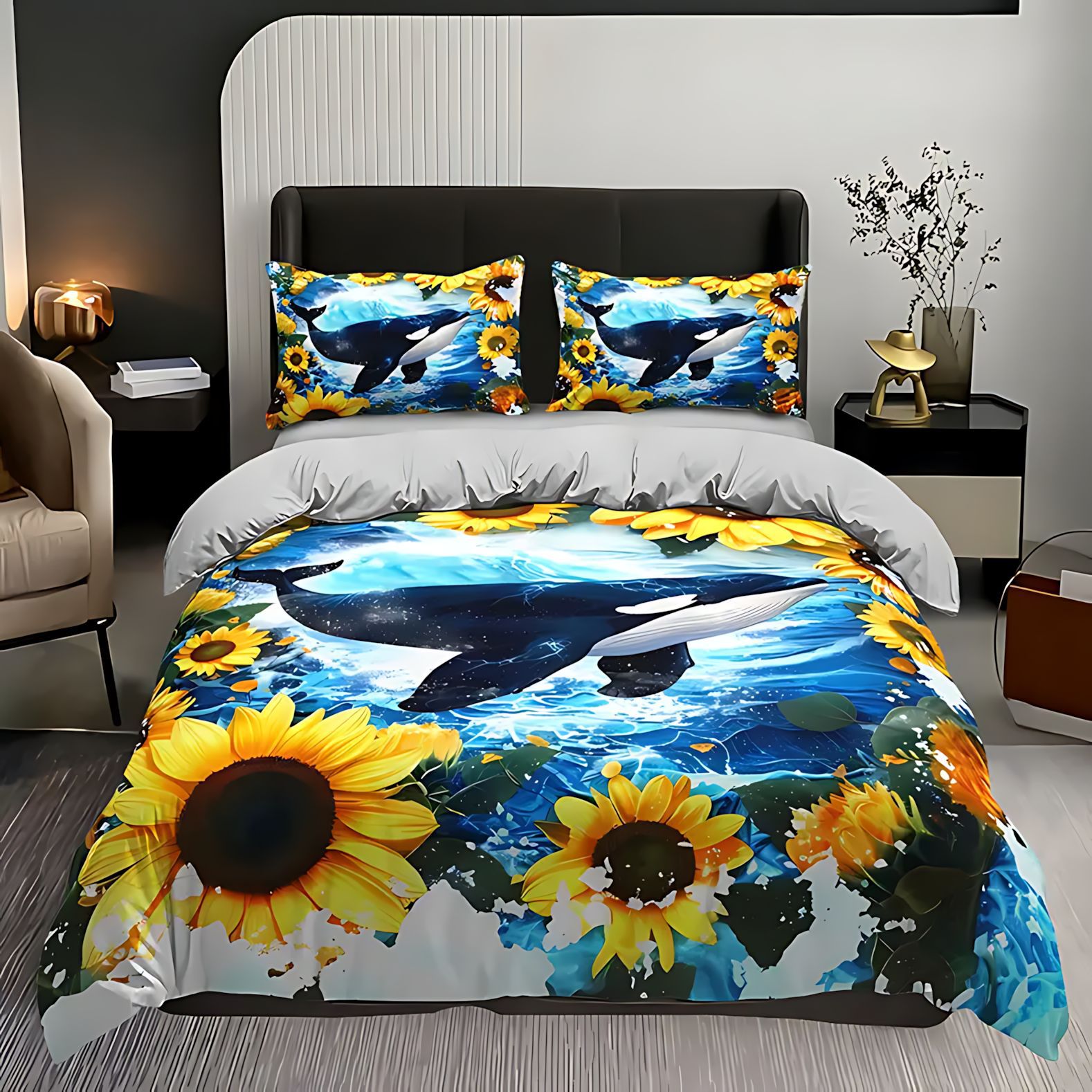 TEMU / JIT girasol tema marino set edredón transfronterizo molido edredón de impresión digital se puede diseñar