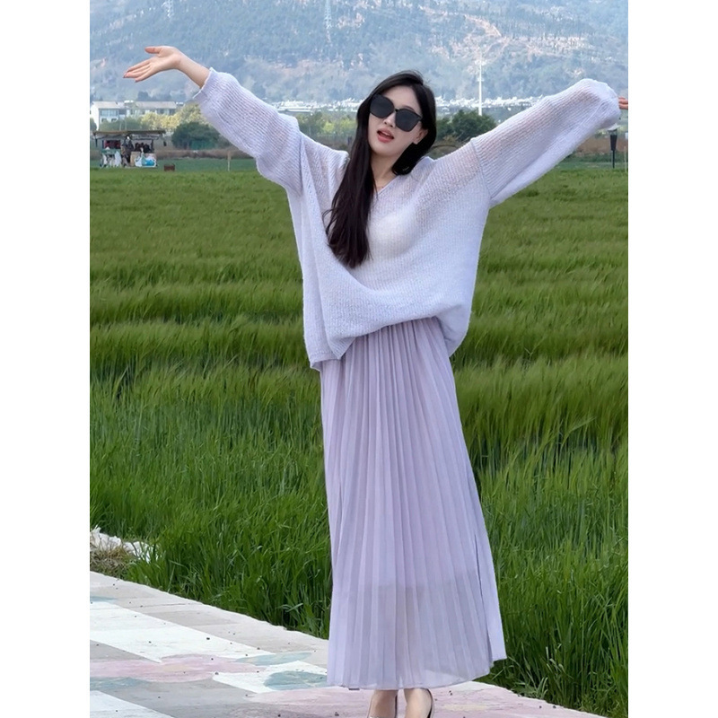 Gentle Style Lazy Suit Long-Sleeved Loose Knitwear Women's Spring High-Waisted Skirt Long Skirt Light Purple Two-Piece Set