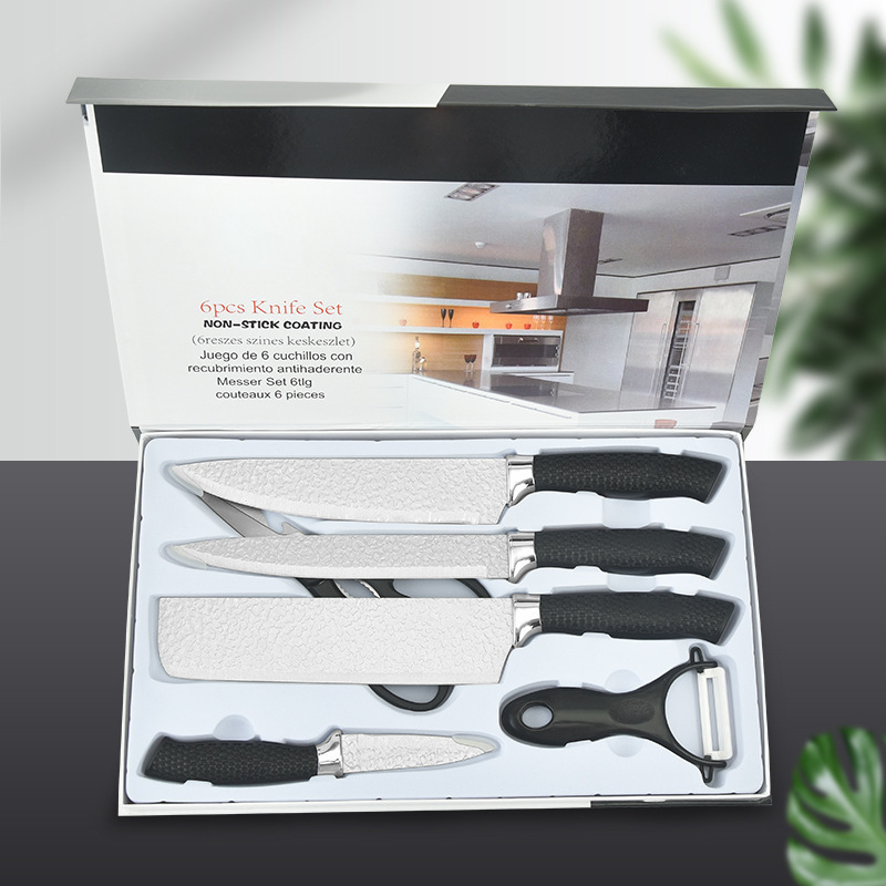 Juego de seis piezas con patrón de martillo al por mayor, mango de malla de acero inoxidable, cuchillo de cocina, cuchillo de chef, cuchillo de corte, juego de cuchillos cepillados