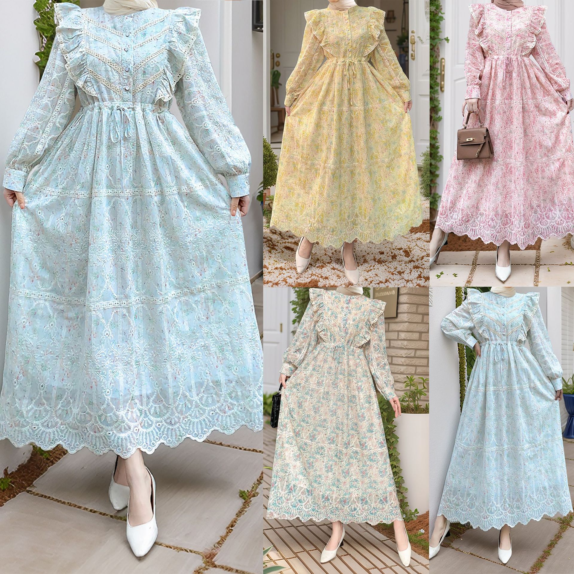 M298# Cross-border Women's Dress with Stand Collar, Hollowed-out Embroidery, Ruffled Trim, Lace Floral Print, Drawstring