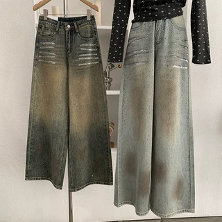 欧玛莱 复古重工烫钻爆闪牛仔裤女2026新款设计感高腰直筒裤 6364