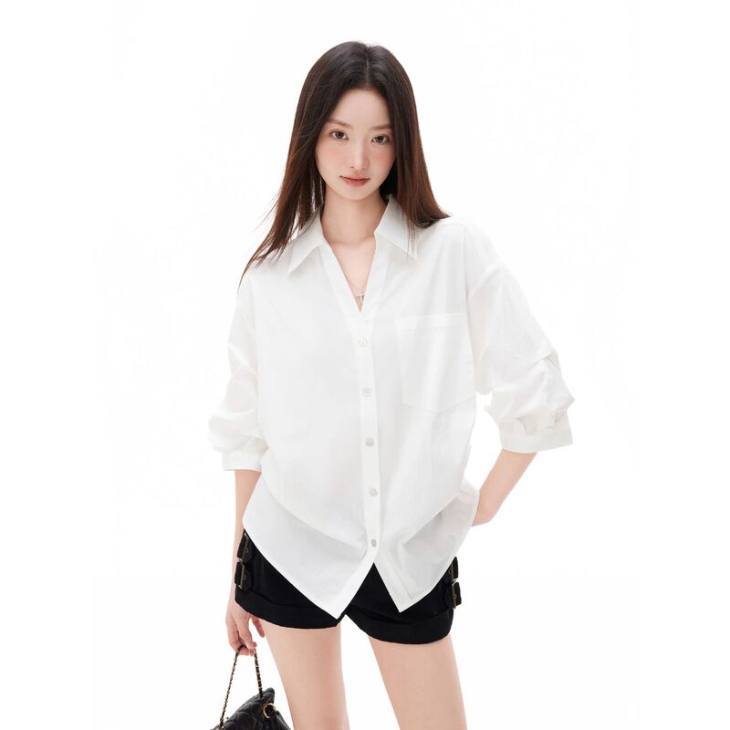 White Shirt for Women, Early Spring 2026 New Style, Light Luxury, High-End Feel, Loose and Lazy Style, Turn-Down Collar, Casual Design Top