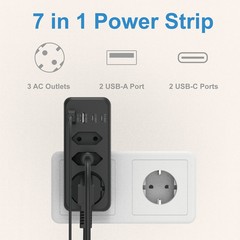 7-in-1ヨーロッパ規格EUプラグサージプロテクタ3ソケットエクステンダは、2つのUSB-Aと2つのUSB-Cポートを持っています