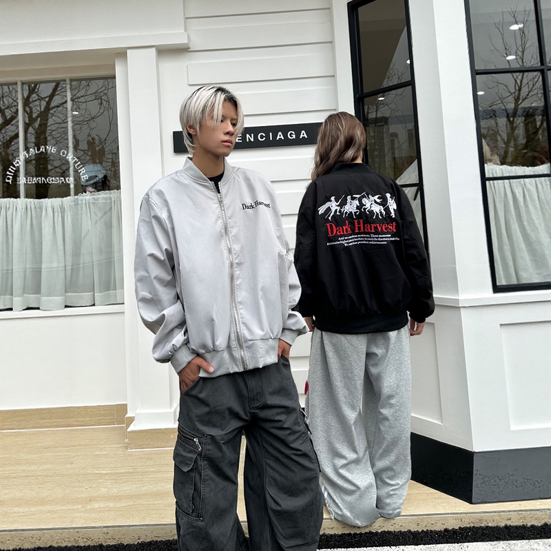 春秋美式街头战马印花飞行夹克男女宽松高街潮牌情侣百搭休闲外套|undefined