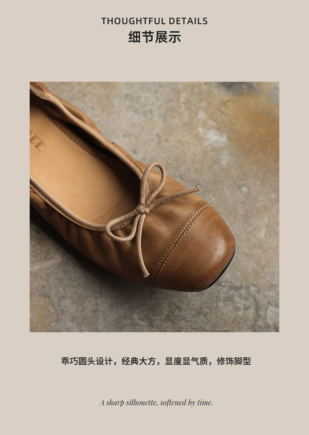 Giày ballet nữ mũi tròn da bò mềm, kiểu trứng cuộn, cổ nông — đen chi tiết 24