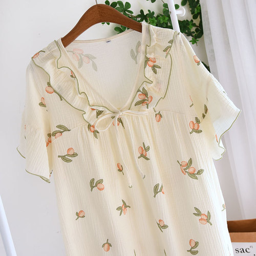 Pajamas for women summer  new pure cotton gauze short-sleeved pajamas summer thin dress can be worn outside home clothes