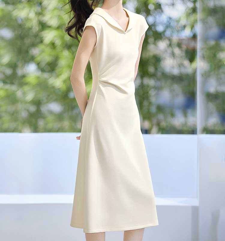 Đầm búp bê cổ ve xếp li eo thắt dây tay ngắn dáng dài — màu trắng ngà chi tiết 1