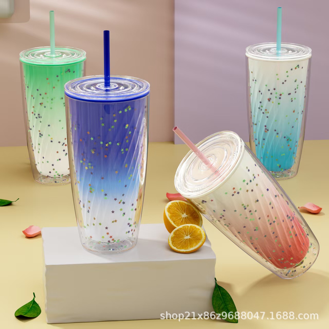 新款简约大容量纯色双层塑料杯家用办公吸管杯夏季饮品咖啡渐变杯