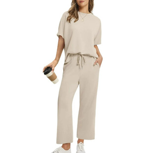 Summer New Cross-Border European and American Loose Trendy Solid Color Daily Casual Commuting Temperament Short-Sleeve Women's Outfit Set