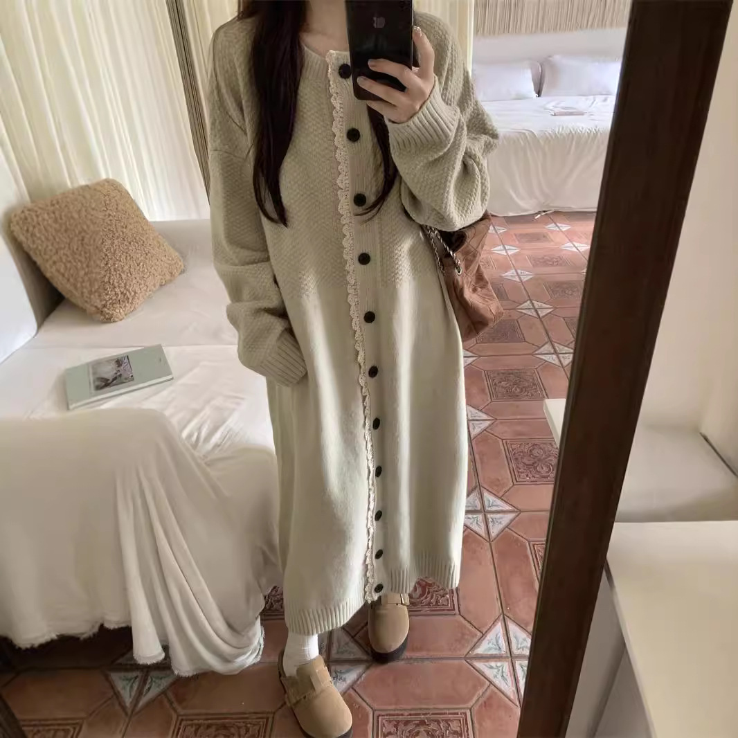 森女系复古毛衣连衣裙女2024年秋冬新款长款打底针织开衫连衣裙女