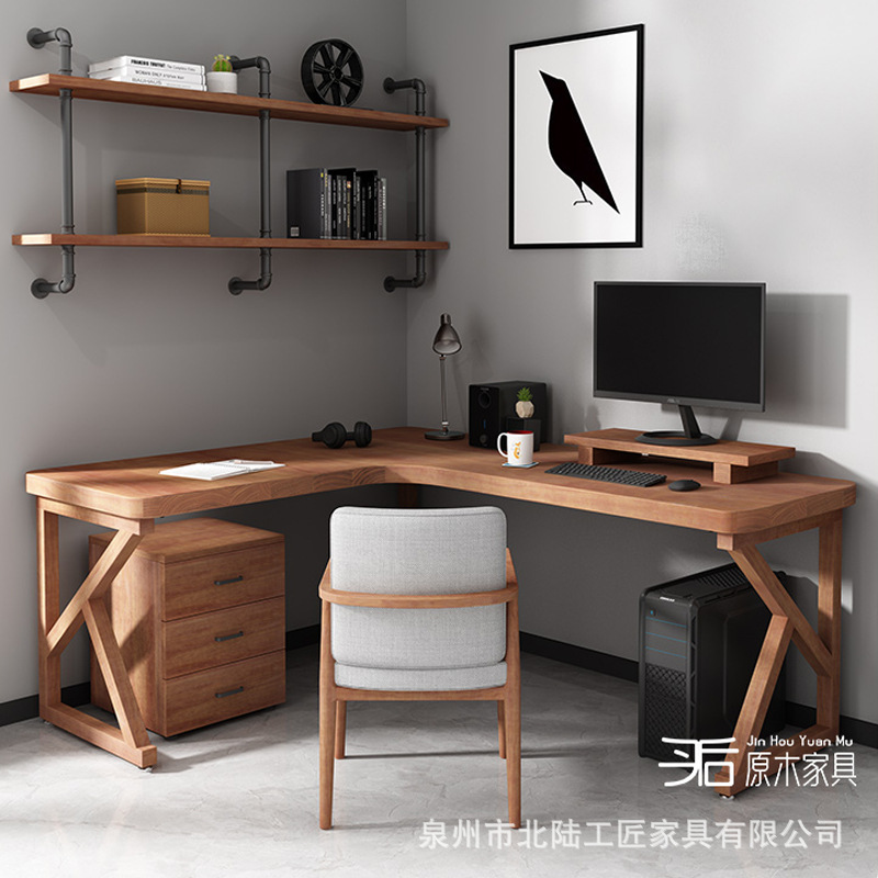 All Solid Wood Corner Desk Bookcase Integrated Corner Writing Desk Bedroom L-shaped Corner Desktop Computer Table Combination