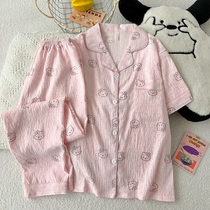 Al por mayor transfronterizo verano nubes pijamas de algodón de mangas cortas pantalones cardigan con solapa ropa de hogar lindos dibujos animados se pueden usar fuera
