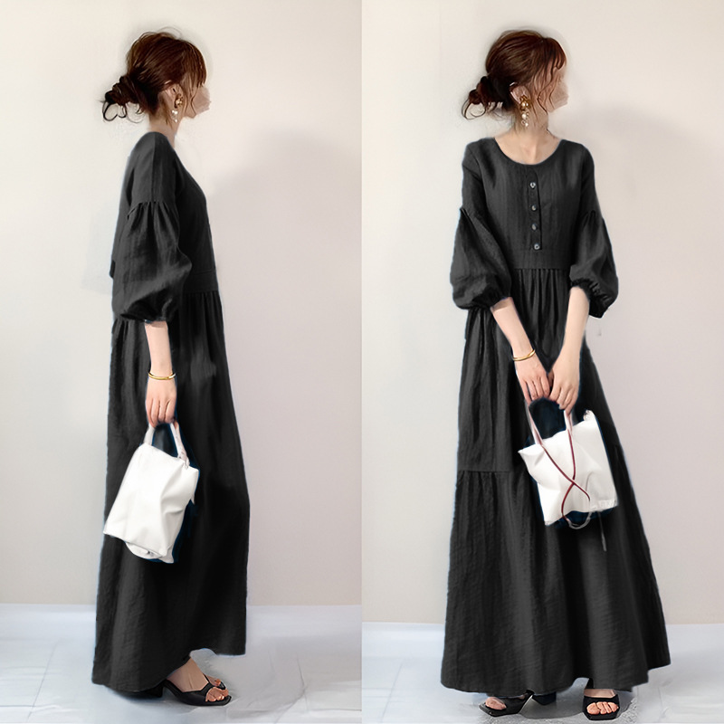 In-Stock Japanese Style 2026 Summer New Round Neck Half-Cardigan Drop Shoulder Lantern Three-Quarter Sleeve Ruched Patchwork Dress In-Stock Japanese Style 2026 Summer New Round Neck Half-Cardigan Drop Shoulder Lantern Three-Quarter Sleeve Ruched Patchwork Dress