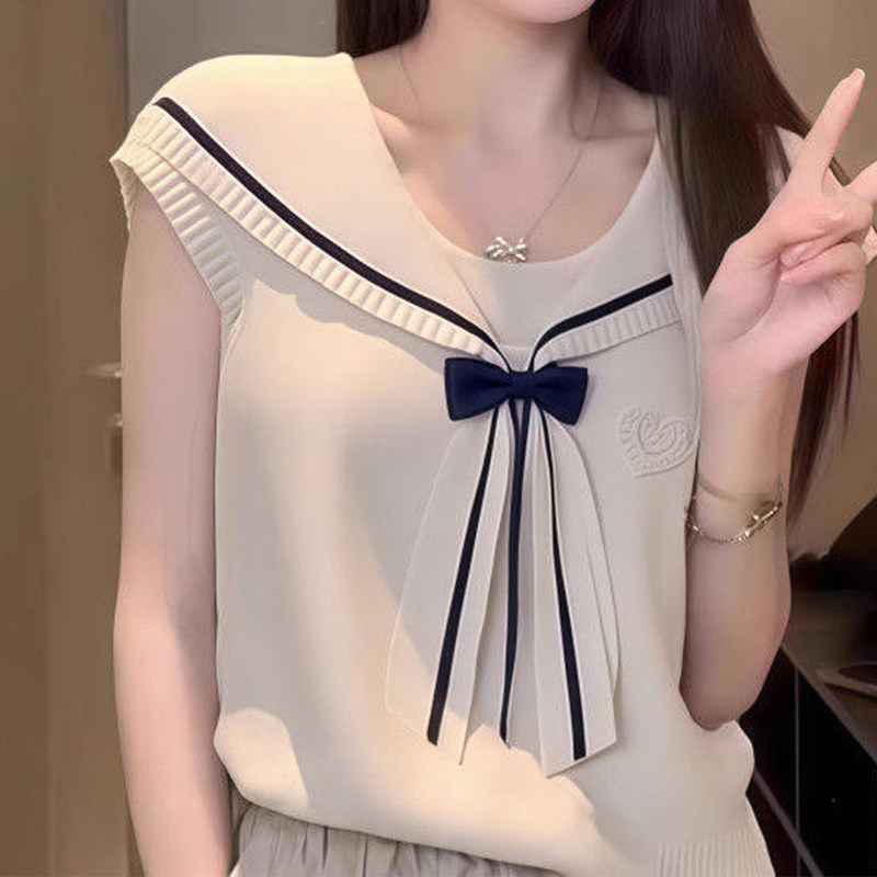 Creamy White Navy Collar Bow-Knot Twisted Vest for Women, 2026 Summer New Korean Style Knit Vest for Early Spring