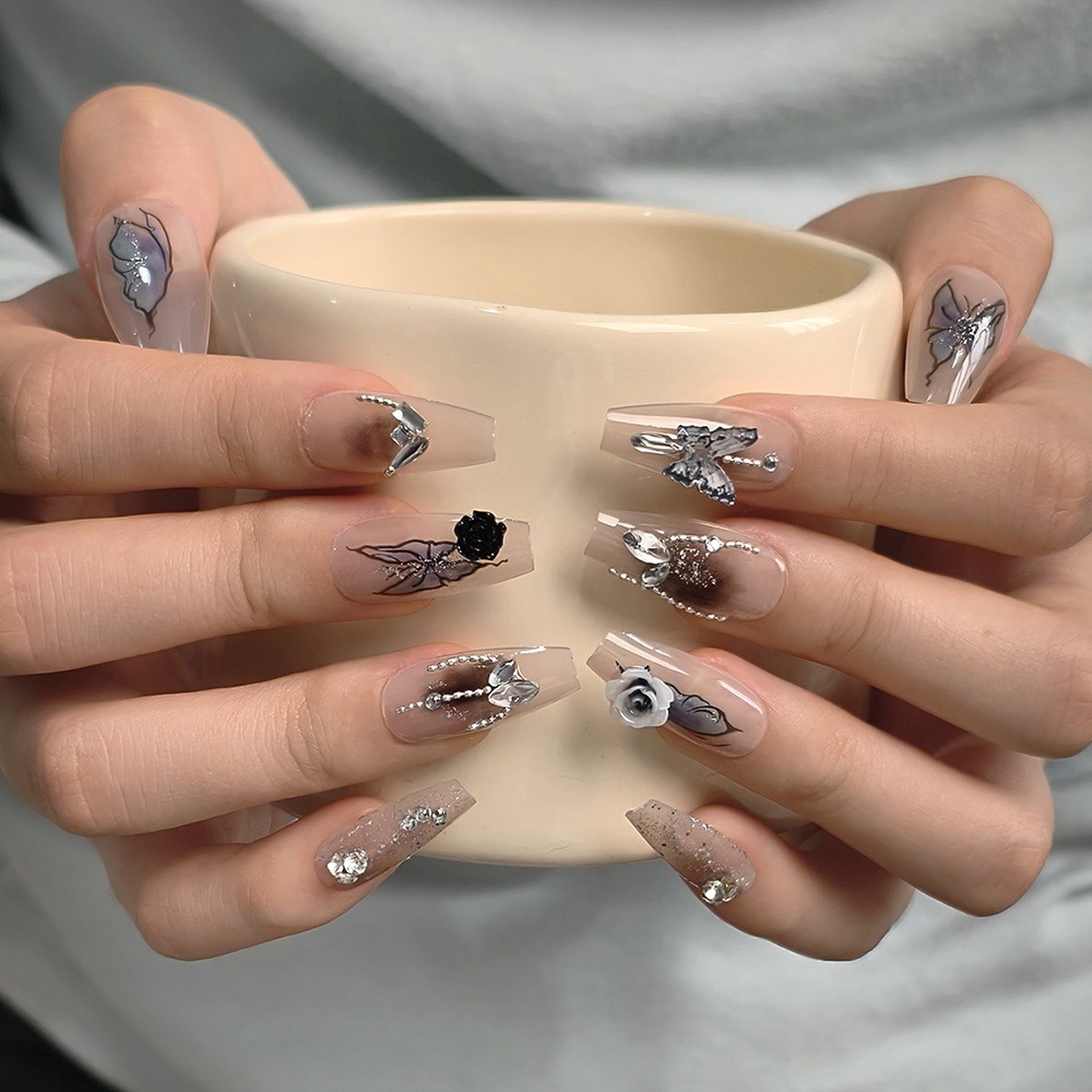 Nuevo uso de uñas, uñas prefabricadas, uñas postizas hechas a mano, parches largos de uñas oscuras desmontables, uñas terminadas