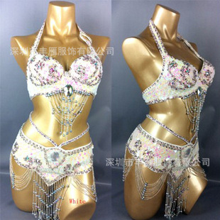 Belly Dance Beaded Sequin Bra and Waist Belt Set Performance Costume Runway Lead Dancer Performance Outfit Women's Stage Performance Costume