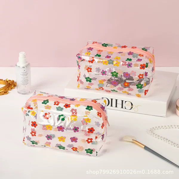 Ins Style Colorful Flower Cosmetic Bag PVC Transparent Large Capacity Cosmetic Storage Bag Waterproof Travel Wash Bag