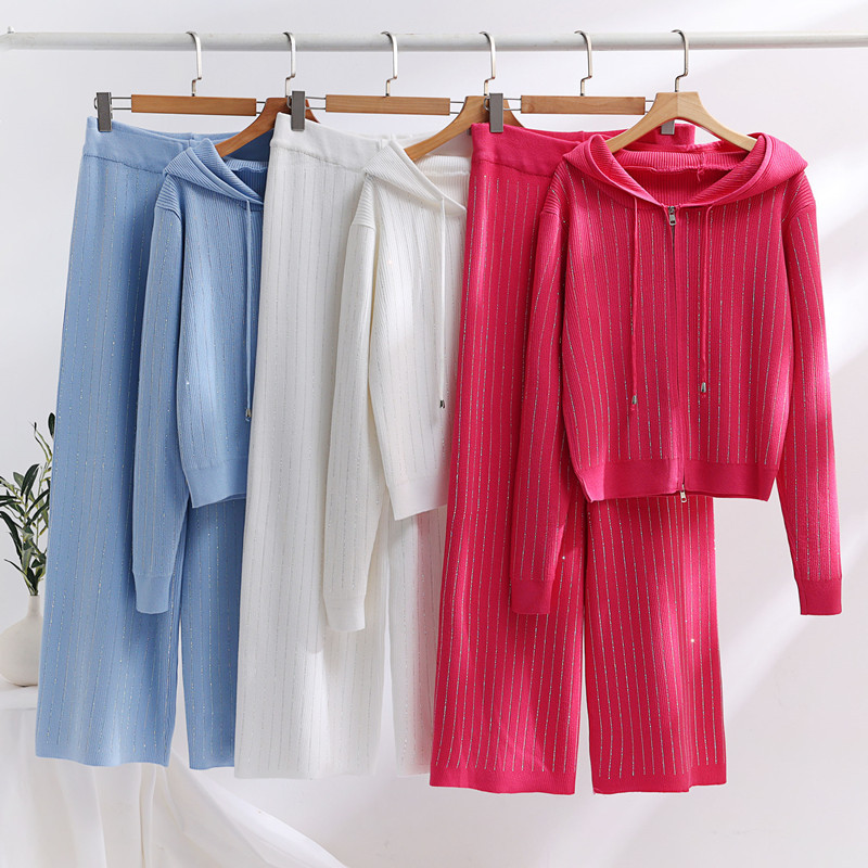 Women's Clothing Fashion casual hot diamond suit women's loose hooded cardigan top wide leg pants knitted two piece suit_voghion.com
