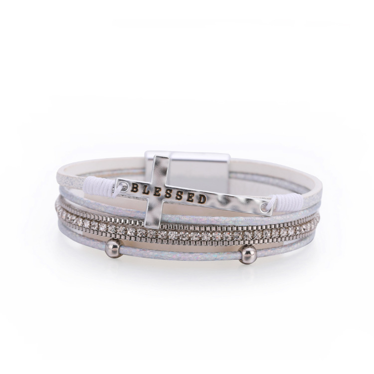 Fashion Cross Fine Diamond Leather Magnetic Buckle Multicolor Bracelet display picture 3