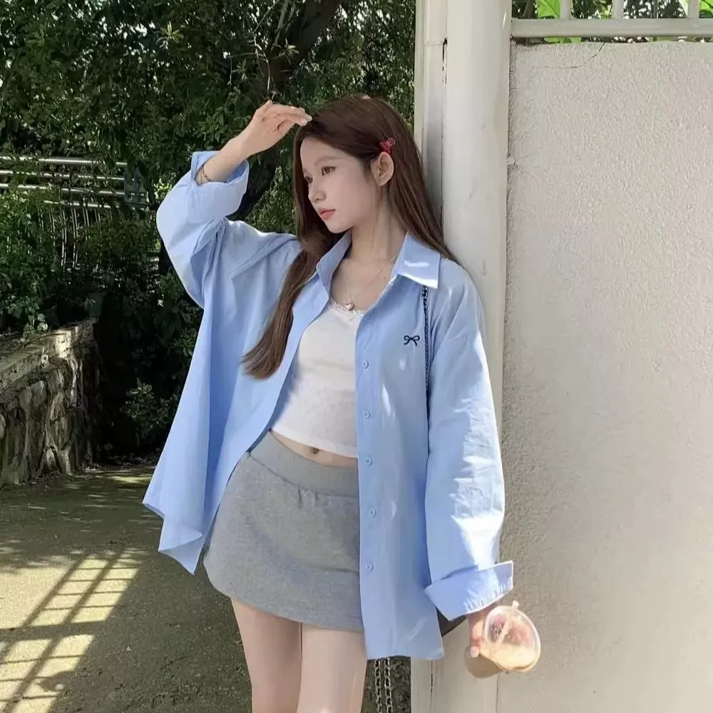 Вышитая синяя рубашка в корейском стиле, солнцезащитная куртка, новый свободный повседневный дизайн рубашки, тонкий топ с длинными рукавами