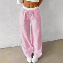 跨境亚马逊女装欧美尔通勤简约条纹休闲裤拖地直筒裤双腰头