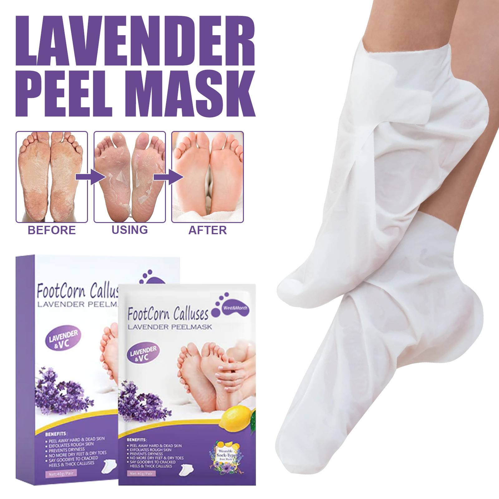 West&Month Lavender Foot Mask: Nourishing, Moisturizing, Foot-Cleansing, Callus-Removing, Anti-Dryness, and Dead-Skin Care Foot Mask
