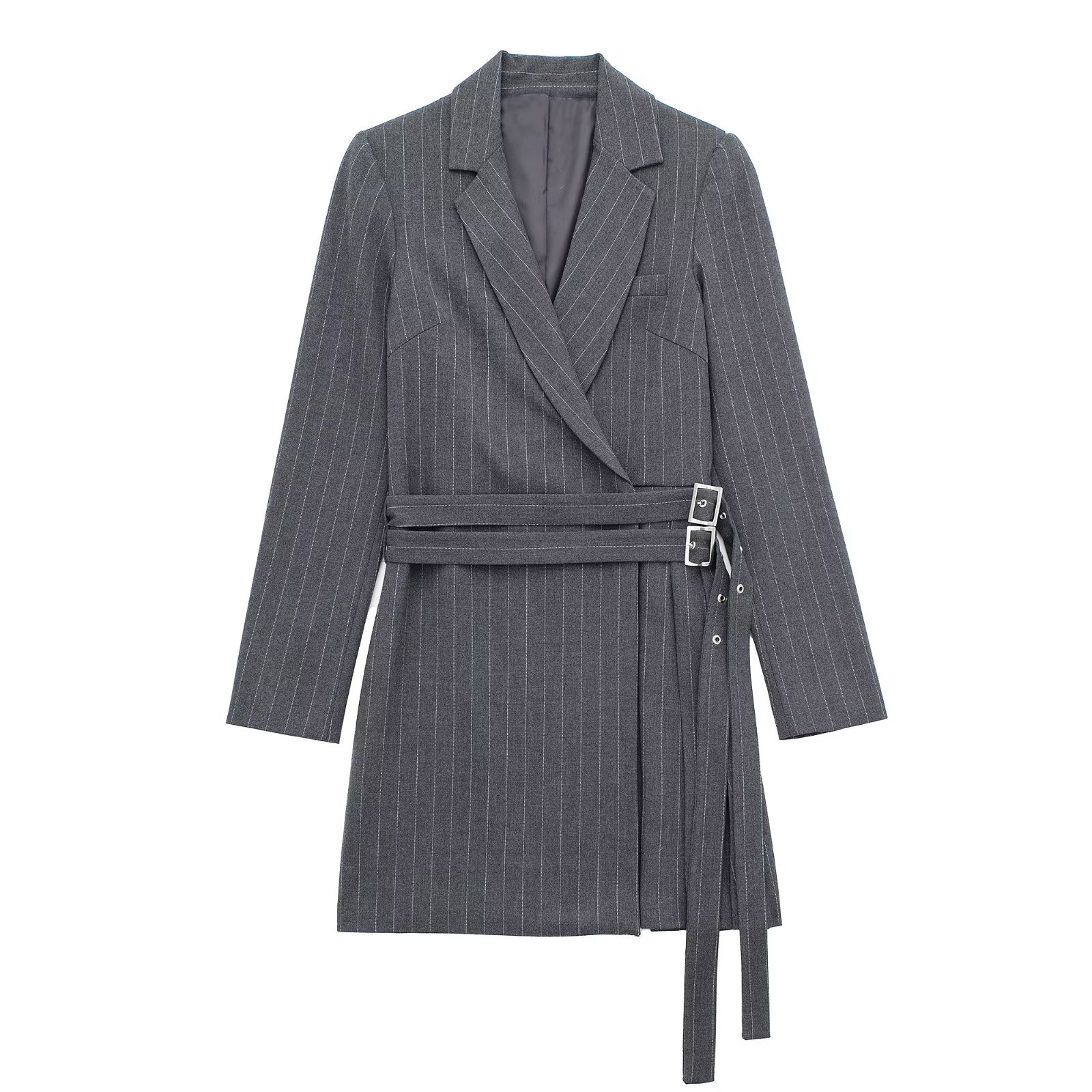 double waist v neck long sleeve slim solid color suit dress NSYXB139790