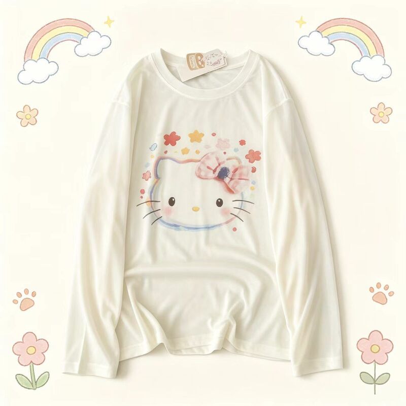 Korean-style gentle watercolor Hello Kitty semi-transparent long-sleeve T-shirt for women, loose and lightweight, sun-protective, suitable for air-conditioned environments