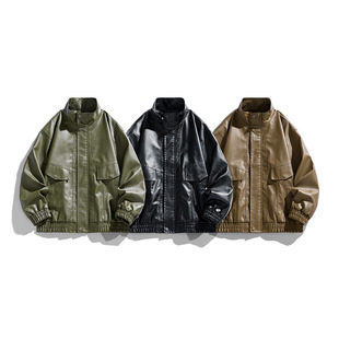 New Loose Stand Collar Motorcycle Jacket Trendy Workwear Spring and Autumn Retro Men's Coat No Ironing Pu Leather Jacket
