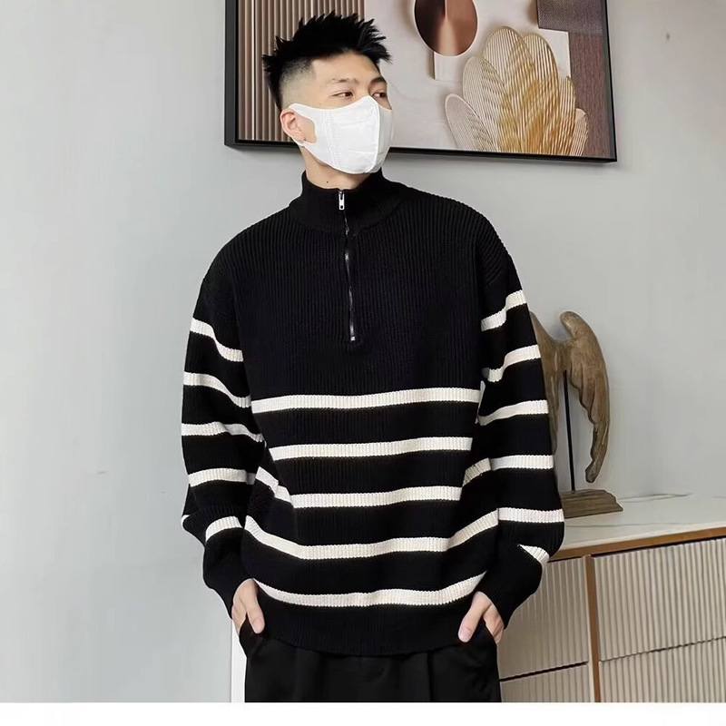 Half-height Zipper Collar Sweater Men's Autumn and Winter Striped Knitted Base Shirt Hong Kong Fashion Brand Casual Knitted Sweater Top