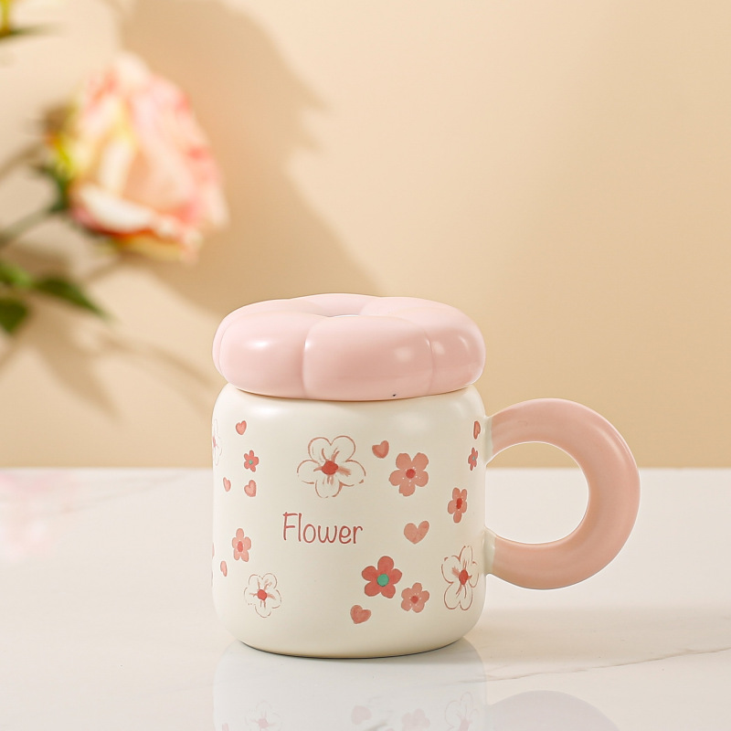 Ins高颜値女子マグカップ小清新チューリップ牛乳カップコーヒーカップ蓋付き朝食カップ陶磁器カップ|undefined
