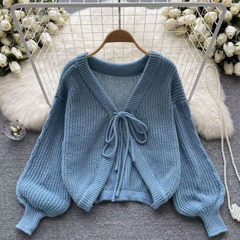 Autumn Casual Versatile Loose Lace-Up Knit Sweater Top for Women, Lazy Style Loose V-Neck Cardigan Jacket