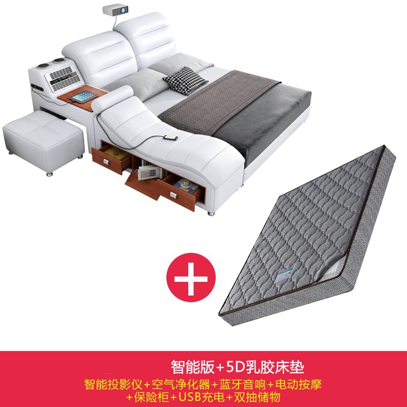 Masaje inteligente tatami cama moderna minimalista multifuncional de almacenamiento de cuero real cama suave doble 1,8 m dormitorio principal cama de boda image 10