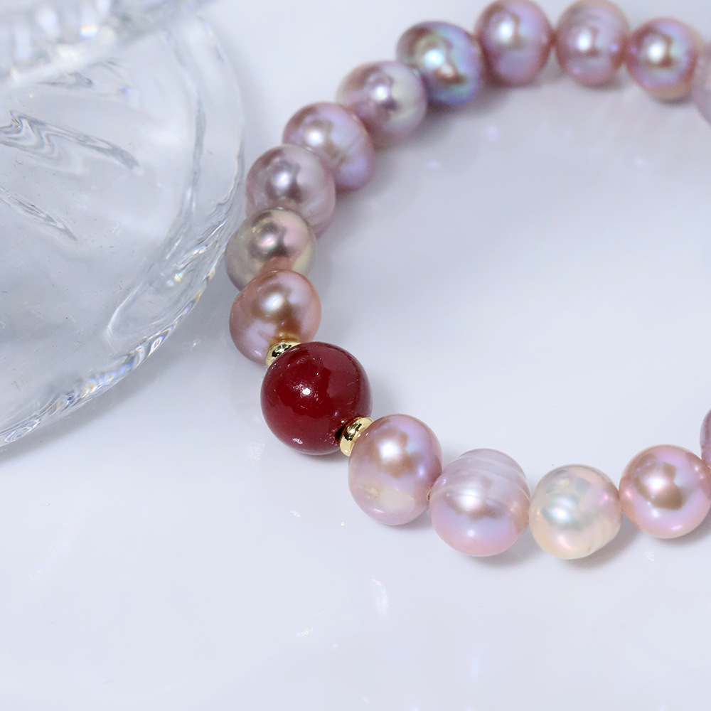 Nuevo agua dulce natural púrpura perla rojo camuflado pulsera cuerda elástica alta sensación de moda brazalete universal joyas