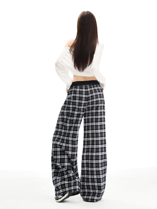 橙绢女装#美式抽绳高腰宽松格子阔腿裤秋冬松弛感慵懒百搭休闲裤|undefined