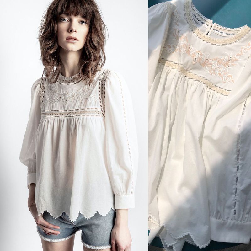 French Romantic-Fine Flower Embroidered Lace Stitching Soft Cotton Doll Long Sleeve Shirt