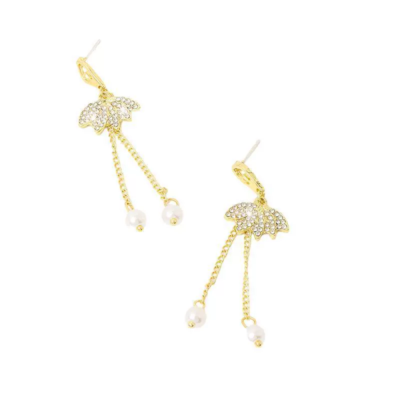 Silver needle from pearl, earrings with tassels with bow, bright catchy style, light luxury style