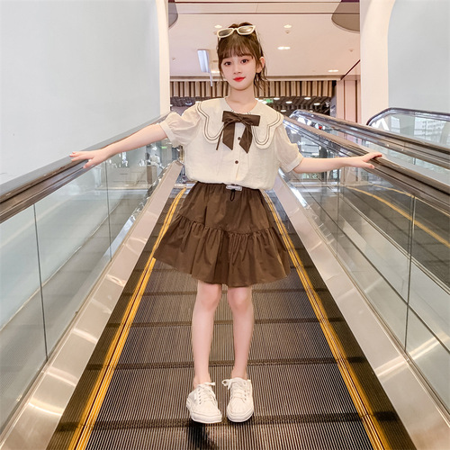 Girls' Summer 2024 Fashion Trendy Short Skirt Set with Two Pieces for Older Children - School Style