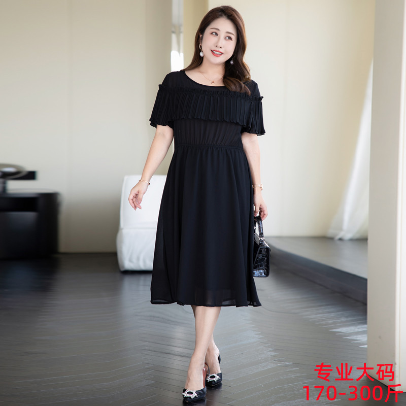Chiffon short-sleeved dress for women, 2023 new style, plus size, round neck, waist-cinching, mid-length, solid color dress, 8532