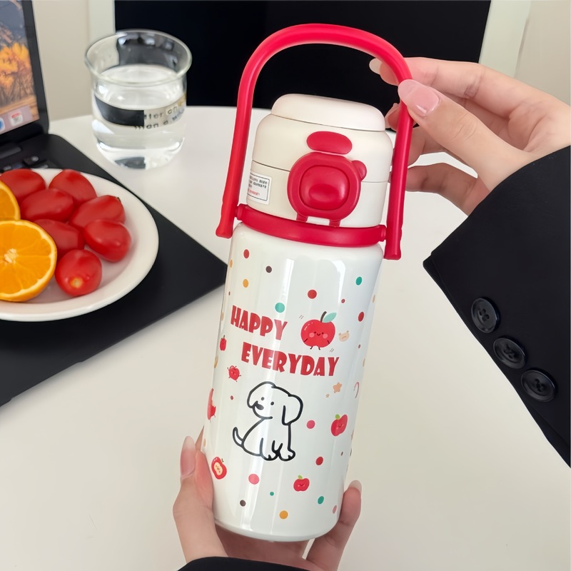 可爱卡通带防滑底垫316不锈钢保温杯 随身提手直饮吸管双用水杯|undefined