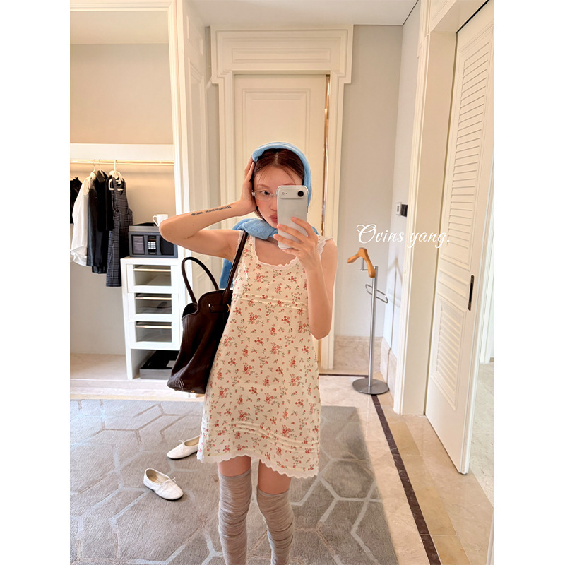 Ovinsyang 2026 Spring New Style Sleeveless Lace Vest with Sweet and Elegant Floral Dress