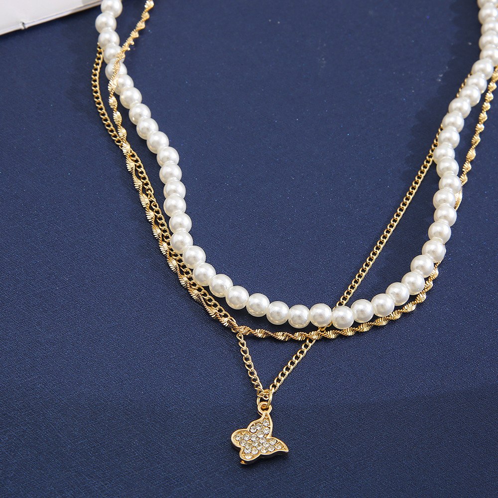 creative personality full diamond butterfly pearl three-layer necklace