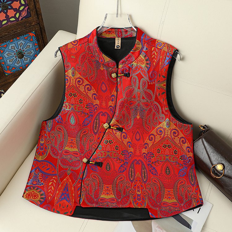 Heavy Embroidery Red Vest for Women with Stand Collar and Buttoned Design, High-End Feel, Slimming, Versatile, Chinese-Style Chic Cardigan Top