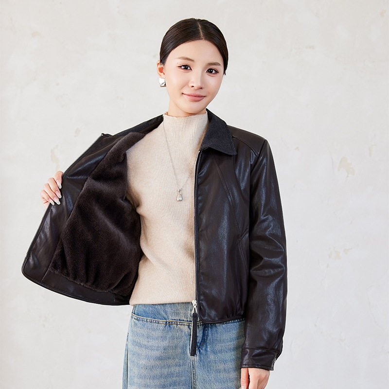 Áo khoác da nữ cổ bẻ dáng ôm phối lông bên trong kiểu mới — màu cà phê, đen, Màu cà phê Fleece dày, Màu đen Fleece dày chi tiết 9